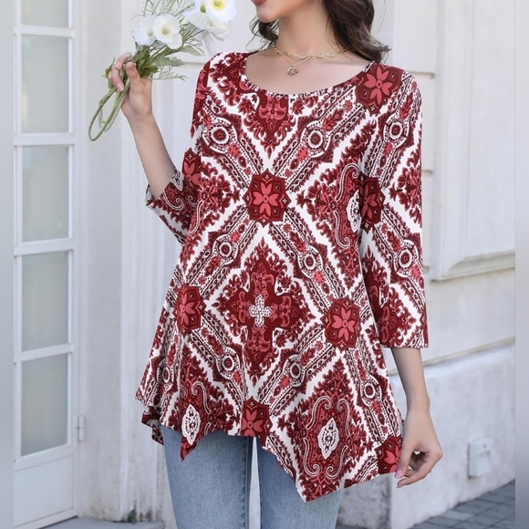 Women's 3/4 Sleeve Casual Flowy Loose Fit Swing Top Tunic, Wine Red Pattern - Picture 2 of 10